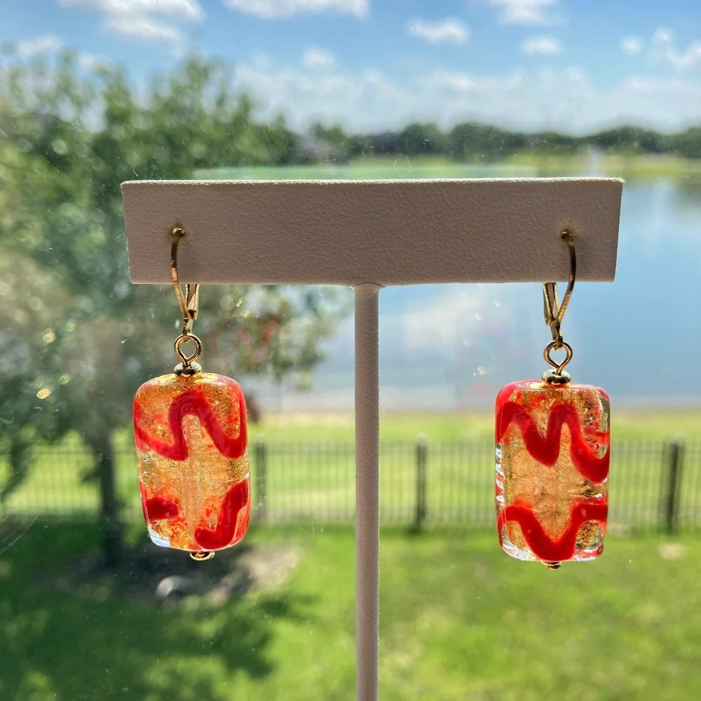 Art Glass Earrings, Handmade, Clear & Red Glass, Genuine Gold, Lamp Work